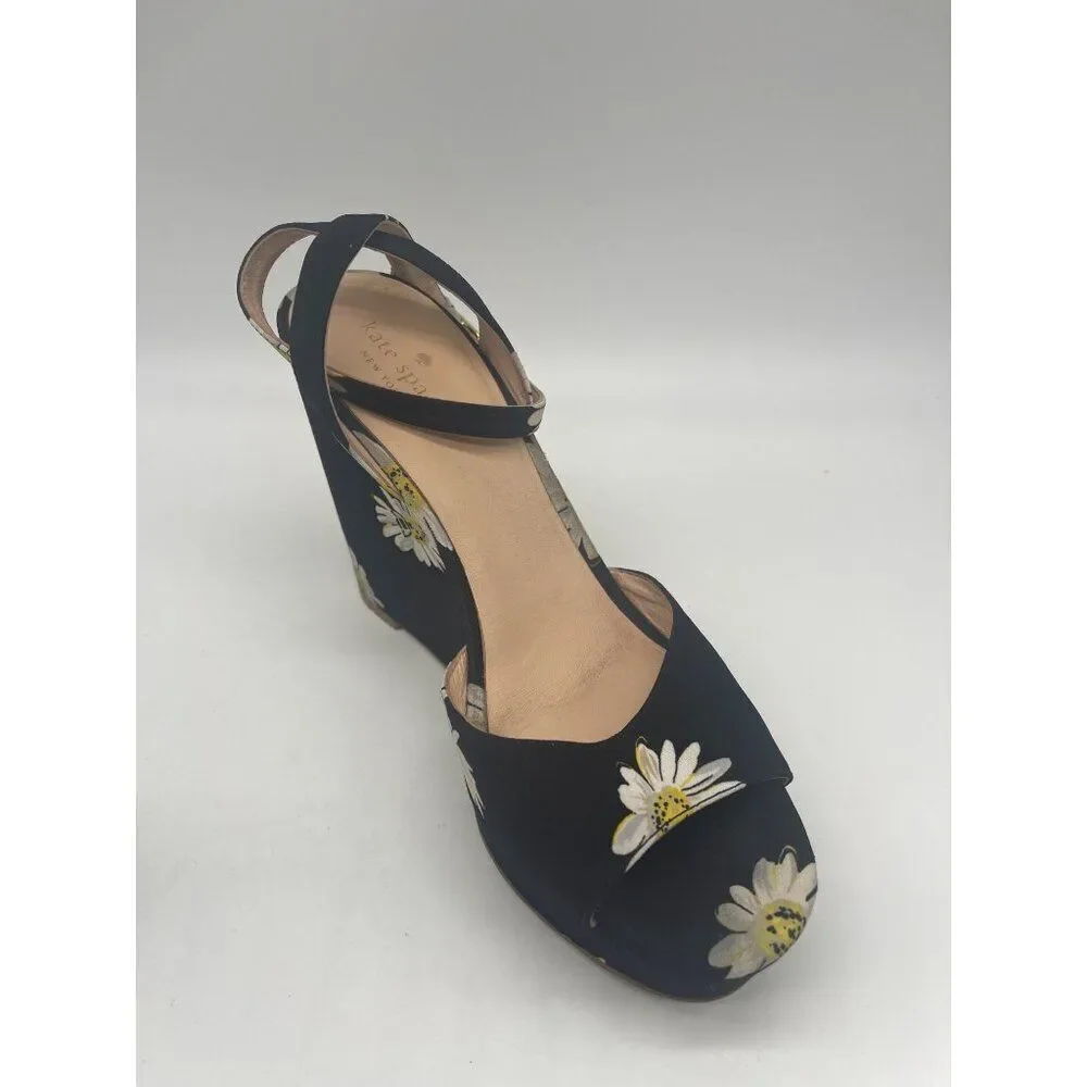 Kate Spade Dellie Women Black Canvas Floral Print Platform Wedge Size 10M
